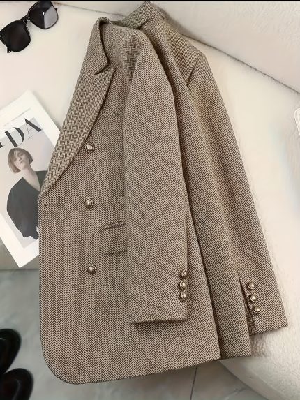 Women'S Coat with a Check Pattern, Single-Breasted, Loose Fit, Casual, Suitable for Commuting, Elegant, Stylish Blazer