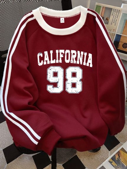 Machine Washable - Women's California Lettering & Number 98 Vertical Stripe - Crew Neck Sweatshirt - Long Sleeve Raglan Sweater Top - Casual Fall Winter Blouse for Casual Attire