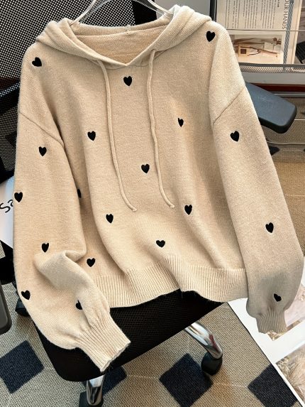 Cute Heart Embroidered Hoodie Sweater for Autumn And Winter, Featuring Lantern Sleeves And Stylish Women'S Fashion