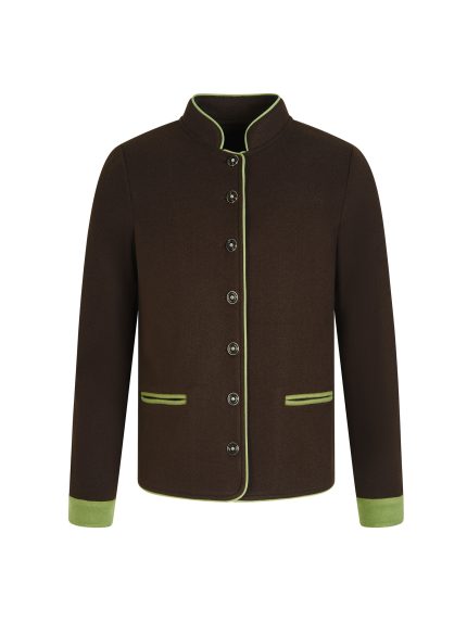 Women'S Elegant Retro Brown Blazer with Green Trim & Metal Buttons - H-Line Silhouette, Long Sleeve, Button-Up Front, Solid Color, Perfect for Fallu002FWinter Commute, Autumn Winter Apparel | Vintage Style Jacket | Structured Fit Jacket