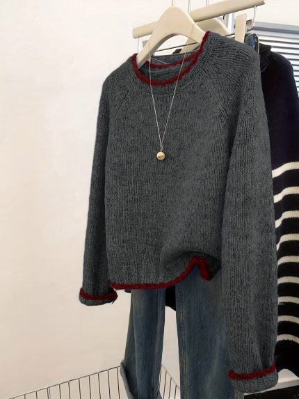 Vintage Color Block Crew Neck Sweater | Soft and Cozy, Elegant and Versatile Long-Sleeve Top for Women, Fallu002FWinter Essential