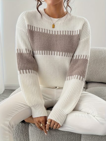 Women'S Elegant White & Brown Striped Sweater - Soft Stretchy Pullover with Round Neck, Long Sleeves, and Color Block Design for Fallu002FWinter, Casual & Formal Wear, Casual Wear Sweater | Round Neck Sweater | Stretchy Fabric