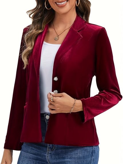 Women's Velvet Blazer with Long Sleeves, Lapel Collar, Front Button Closure, and Pockets - Slim Fit Cardigan