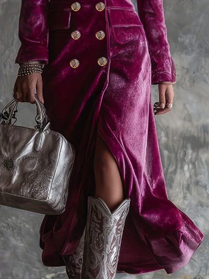 Ladies' Fashion Elegant High-End Commuter Wear Premium Burgundy Suit Dress Warm + Double-Breasted Professional Dress with Lining