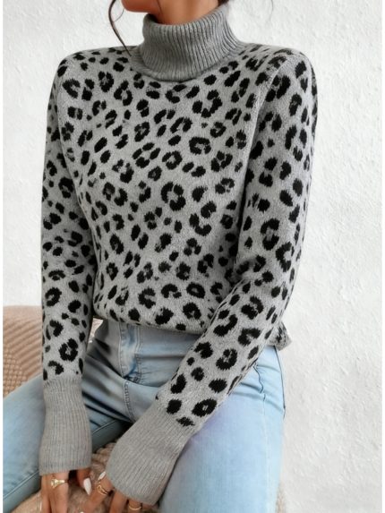 Leopard Print Sweater - Elegant High Neck Winter Sweater with Turtleneck, Cozy Fall & Winter Sweaters Suitable for Home, Office, Outings - Hand Washu002FDry Clean, Medium Elasticity, Elegant Special Line Collection